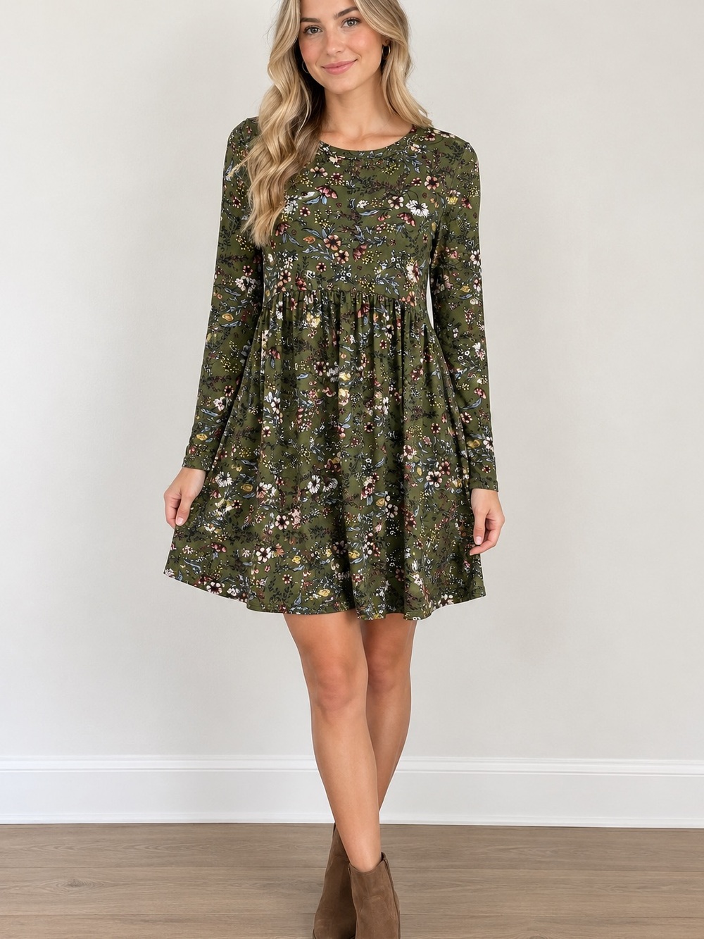 Haptics Olive Green Floral Cottagecore Babydoll Mini Dress Women’s Small